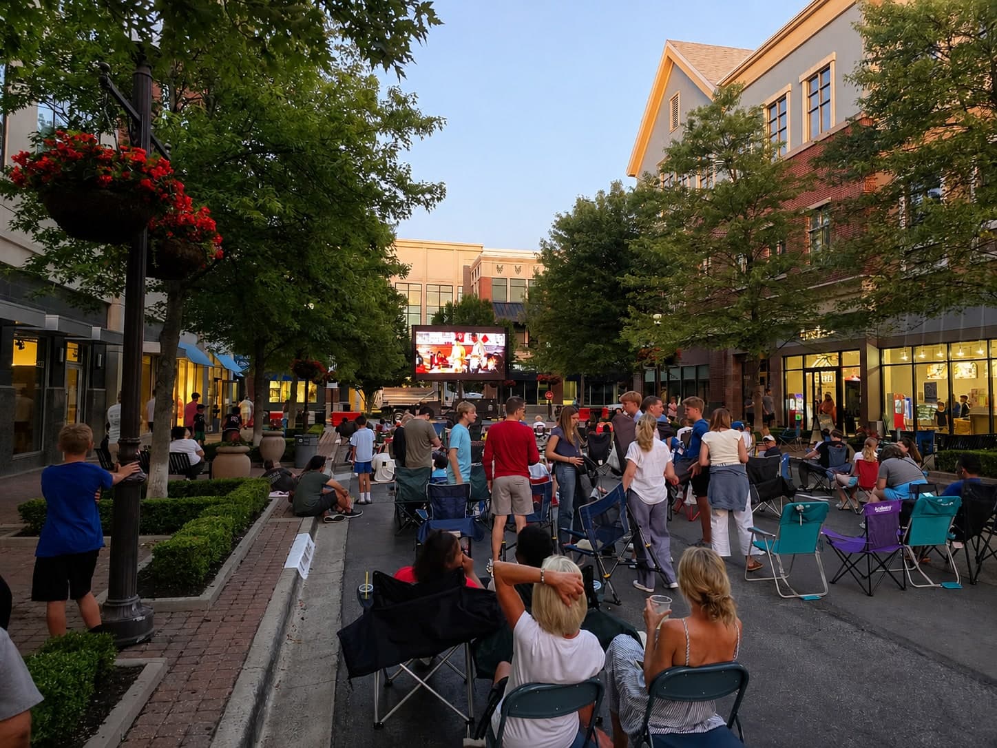 Crowd watching an outdoor movie on a Showtime LED screen at dusk