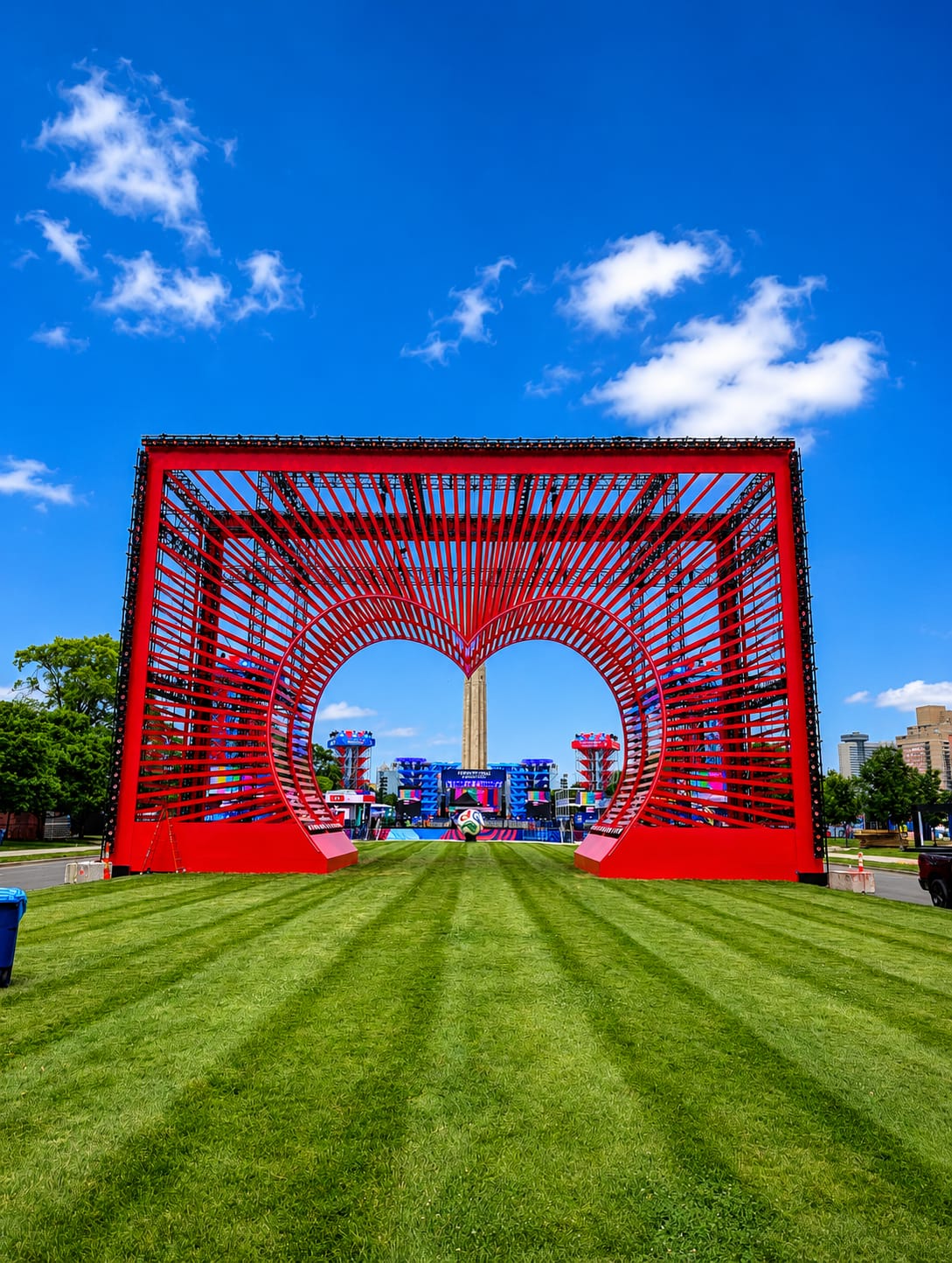The FIFA World Cup Fan Fest entrance in Kansas City with stage and LED screens beyond