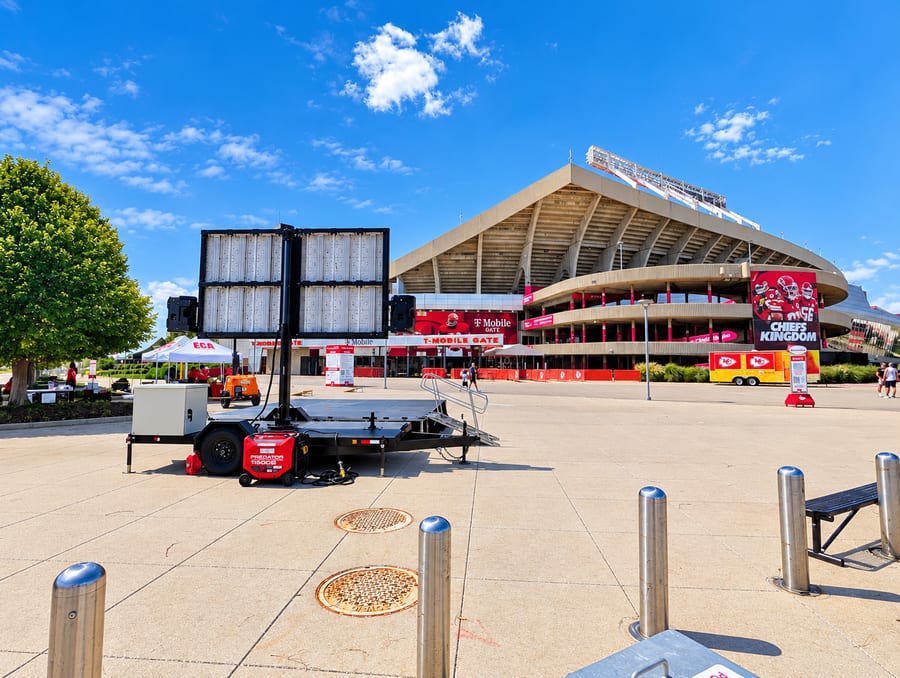 Showtime 12′ × 7′ LED trailer, screen lowered, on the plaza outside Arrowhead Stadium in Kansas City