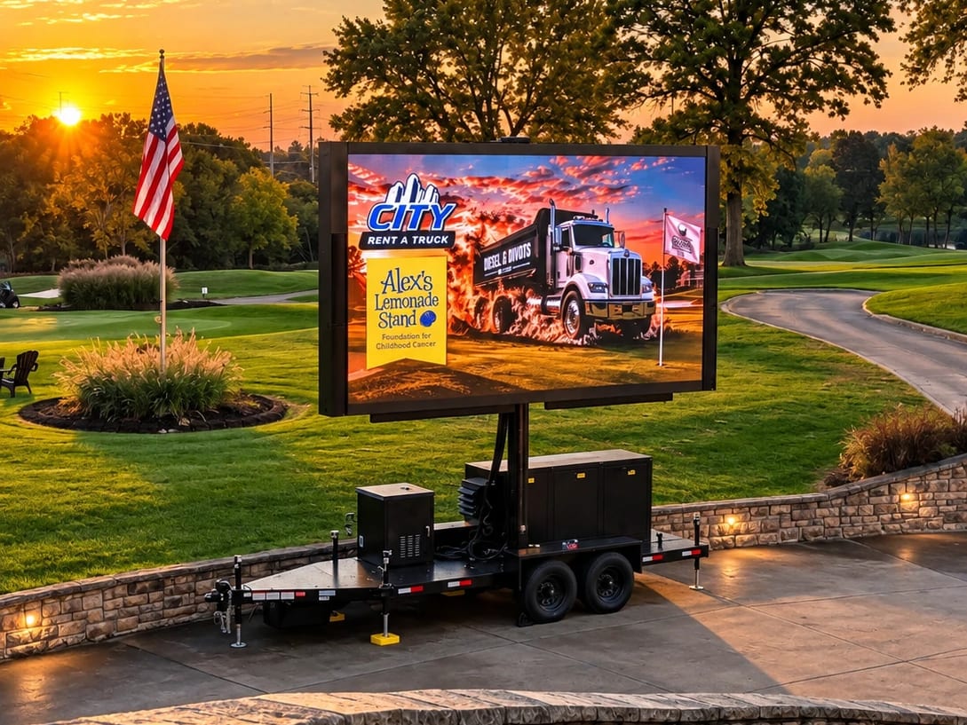 Showtime LED trailer on a golf course terrace at sunset, showing sponsor graphics for a charity golf event