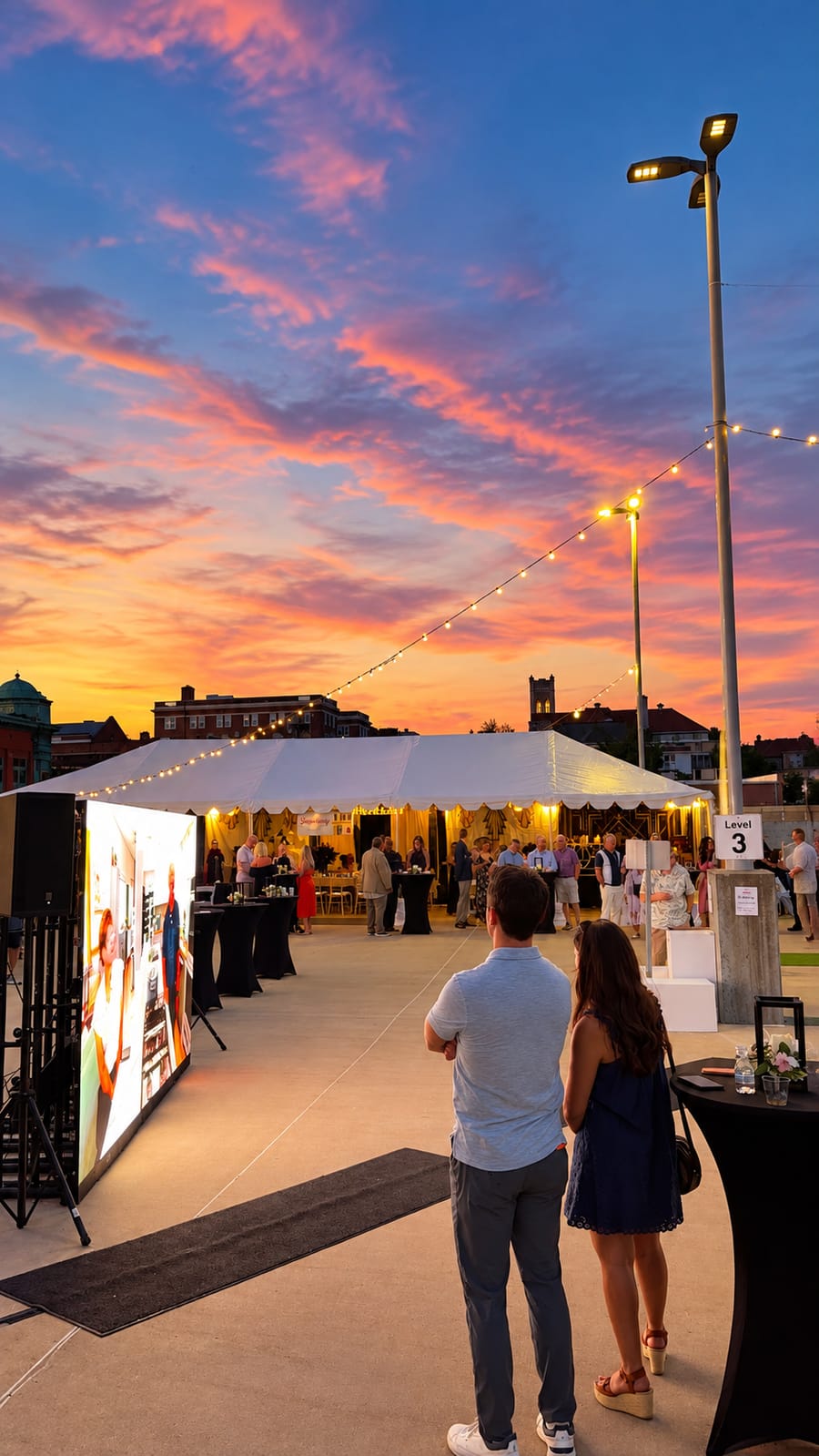 Guests beside a ground-supported Showtime LED wall at an evening rooftop event